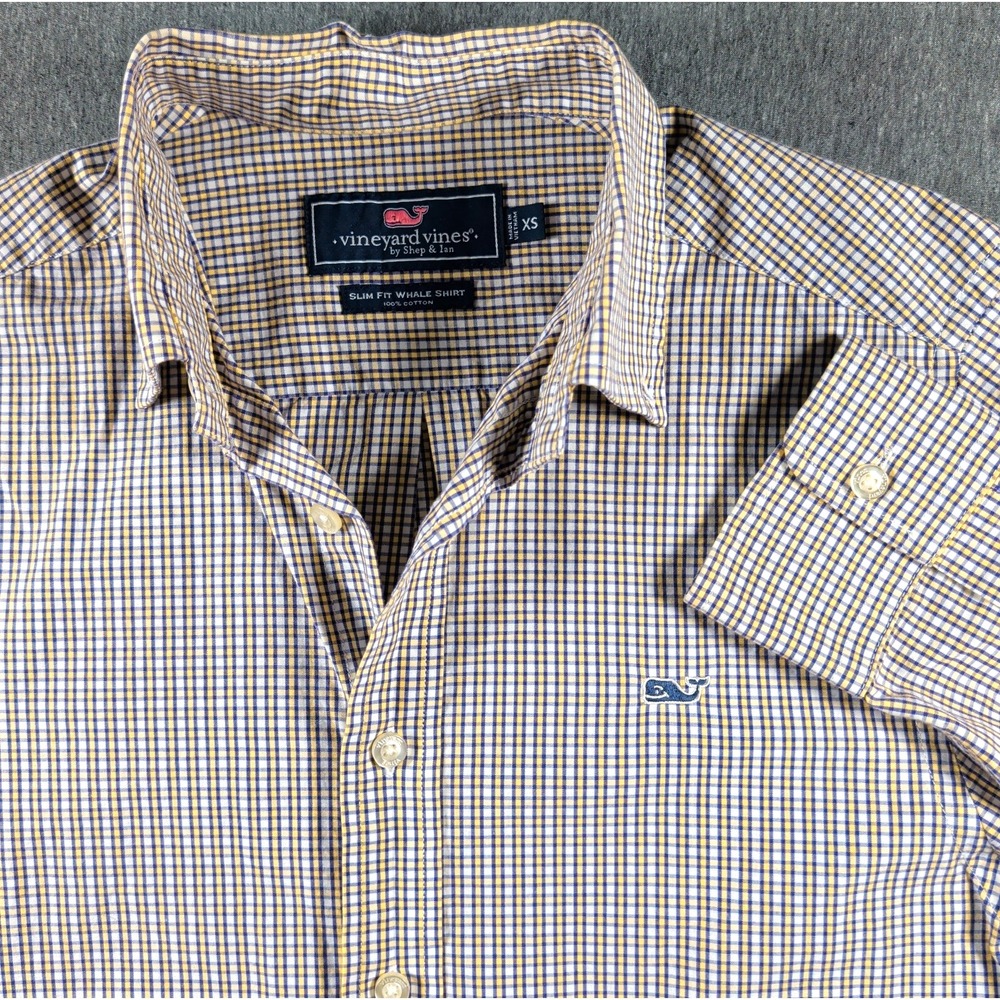 Vineyard Vines Whale Shirt Mens XS Yellow Blue Gingham Plaid Slim Fit Excellent